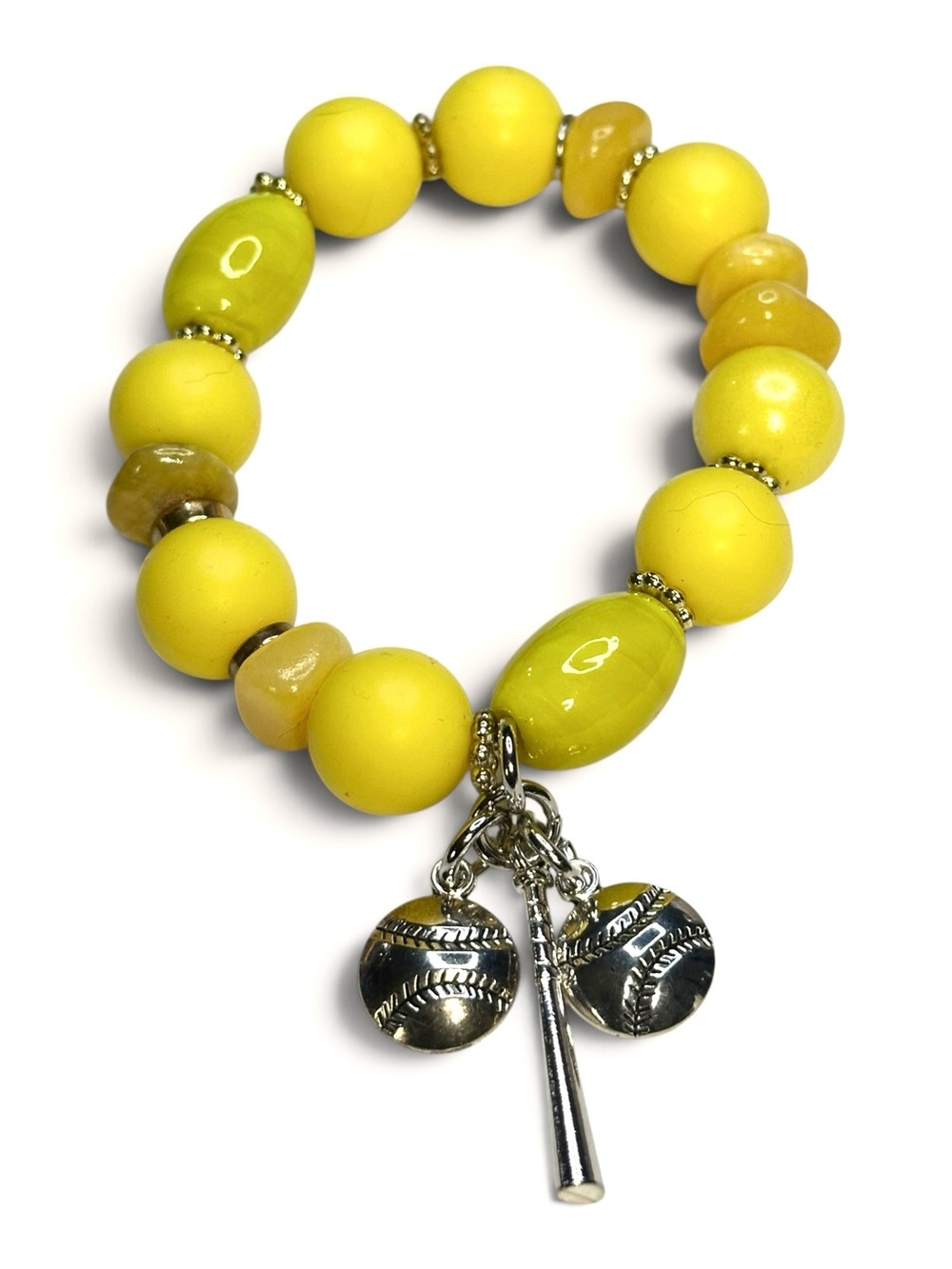 Handcrafted Yellow Beaded Charm Bracelet with Baseball Bat & Ball Charms